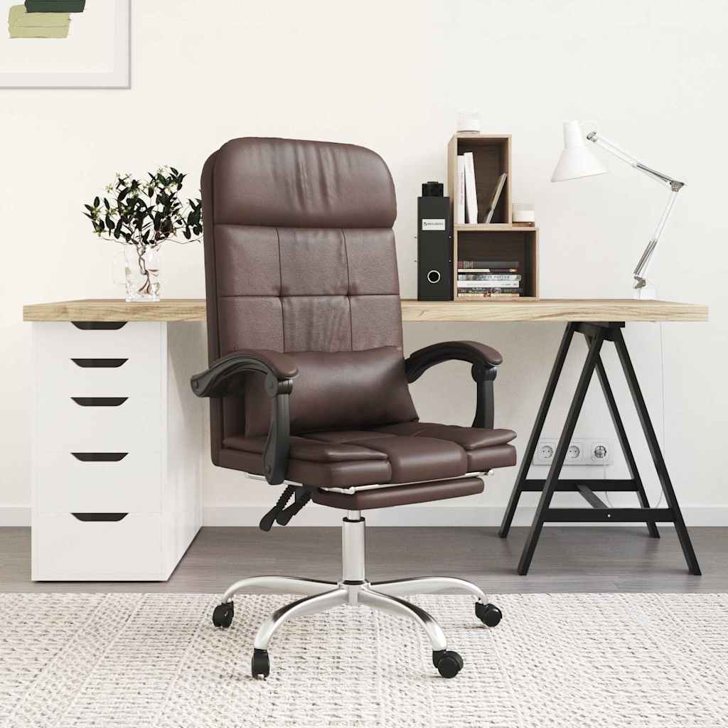 vidaXL Silla de oficina reclinable masaje cuero sintético marrón