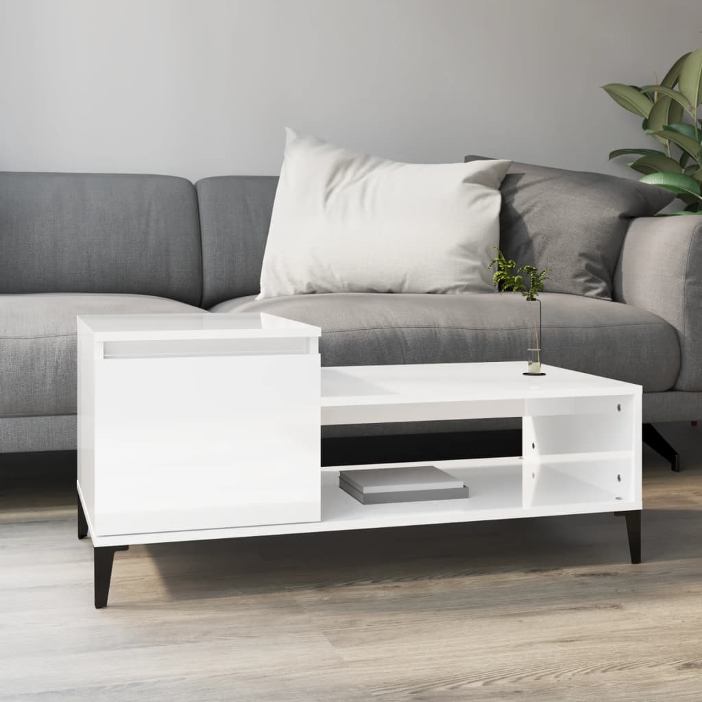 vidaXL Mesa de centro madera contrachapada blanco brillo 100x50x45 cm