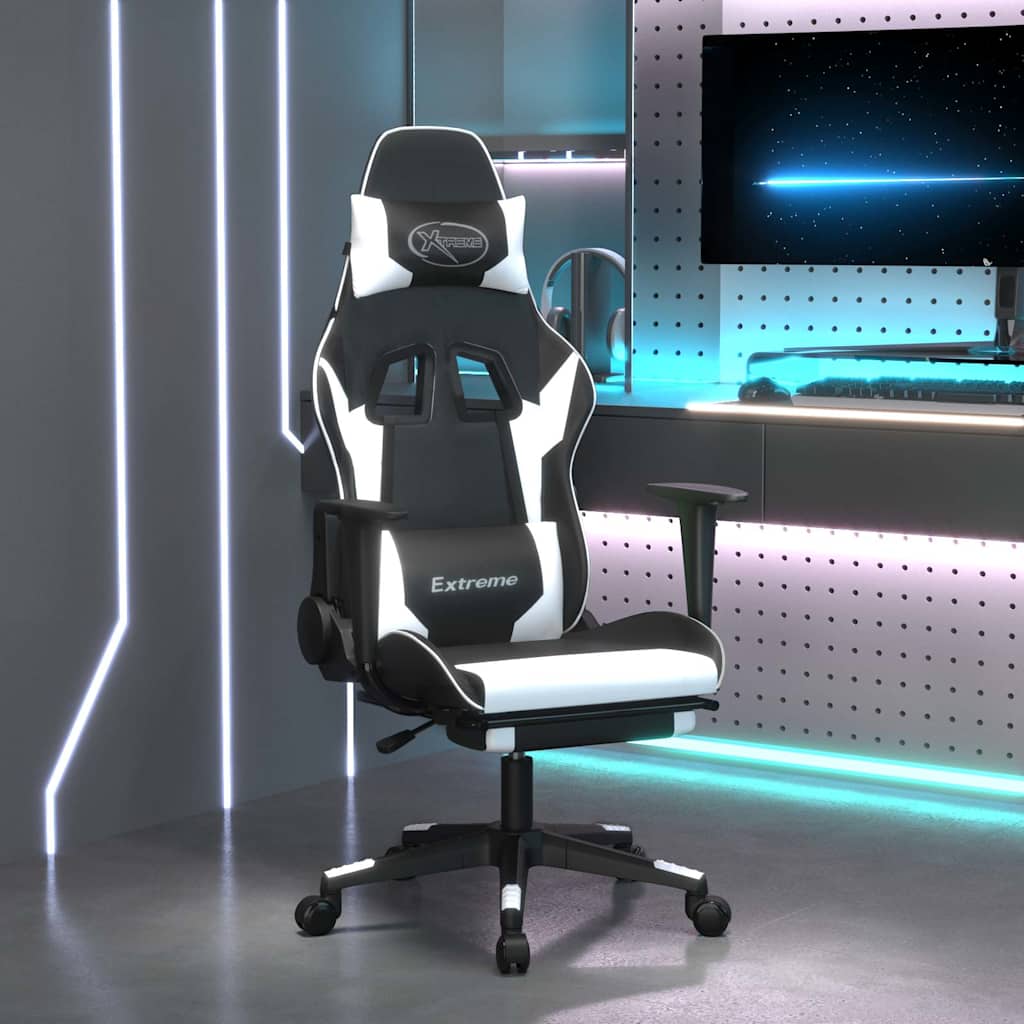 vidaXL Silla gaming con reposapiés cuero sintético negro blanco