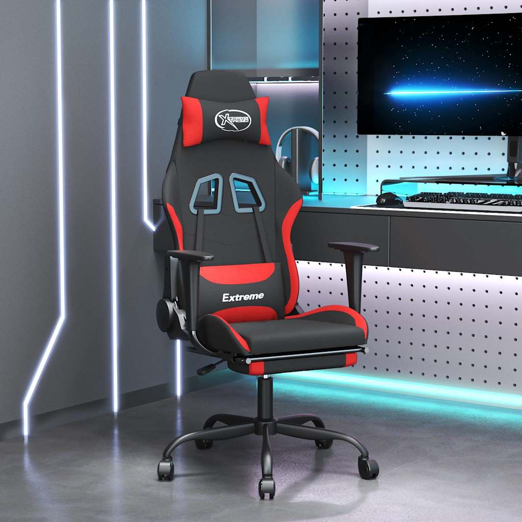 vidaXL Silla gaming con reposapiés tela negro y rojo