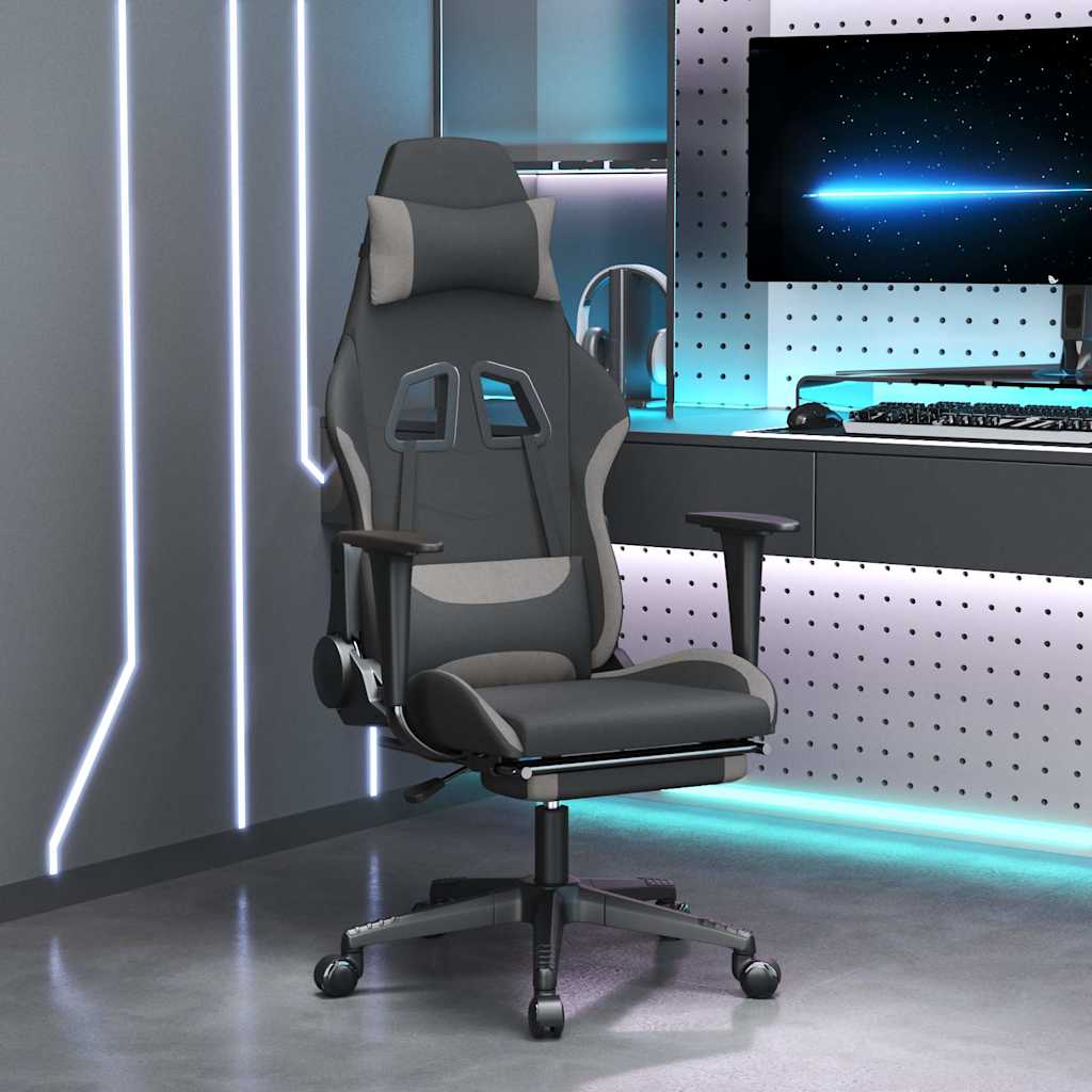 vidaXL Silla gaming con reposapiés tela gris claro y negro