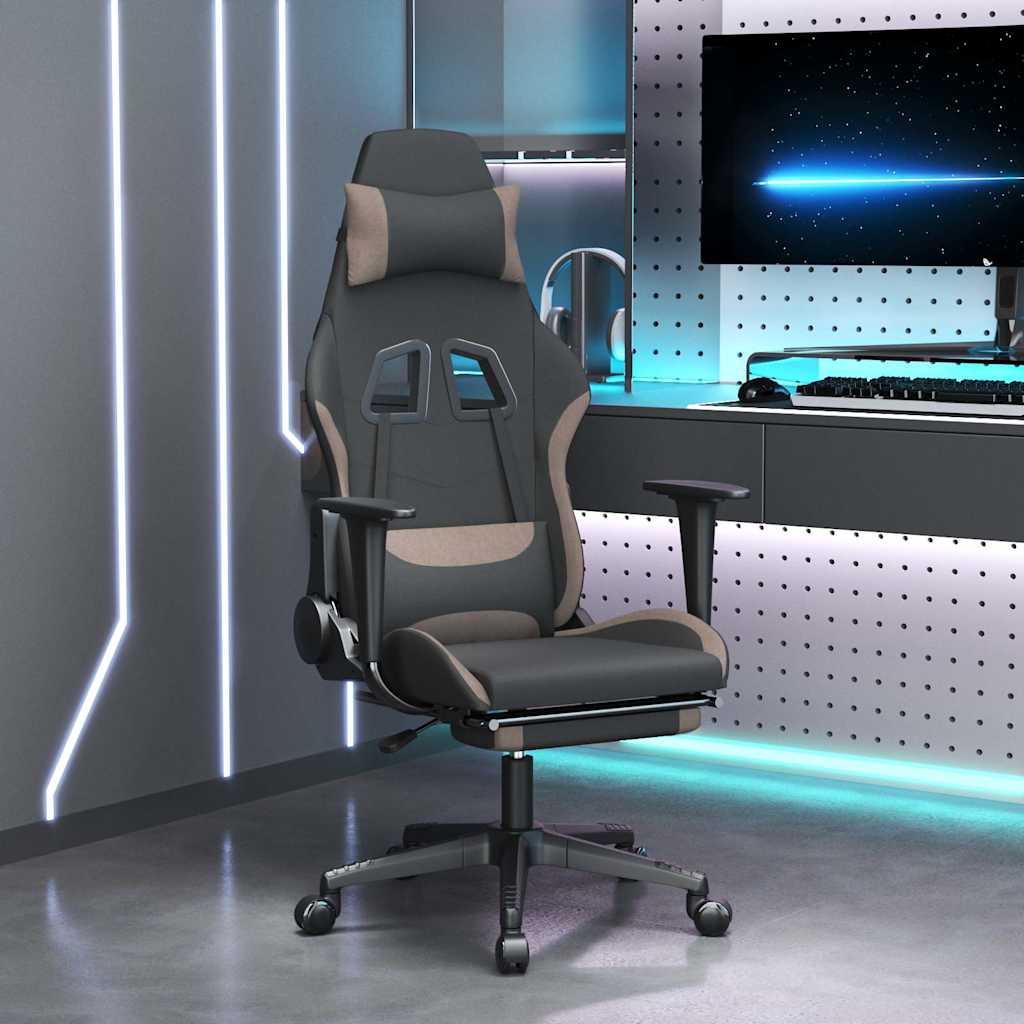 vidaXL Silla gaming con reposapiés tela negro y gris taupe