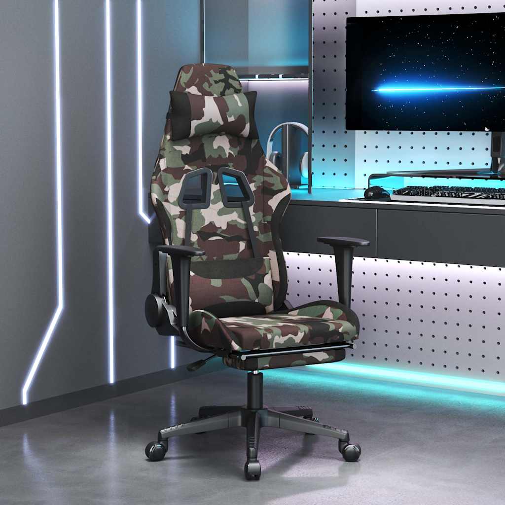 vidaXL Silla gaming con reposapiés tela negro y camuflaje