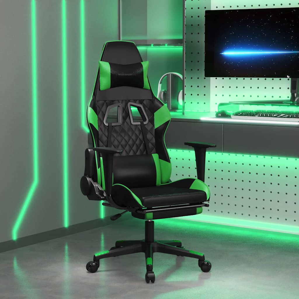 vidaXL Silla gaming con reposapiés cuero sintético negro verde