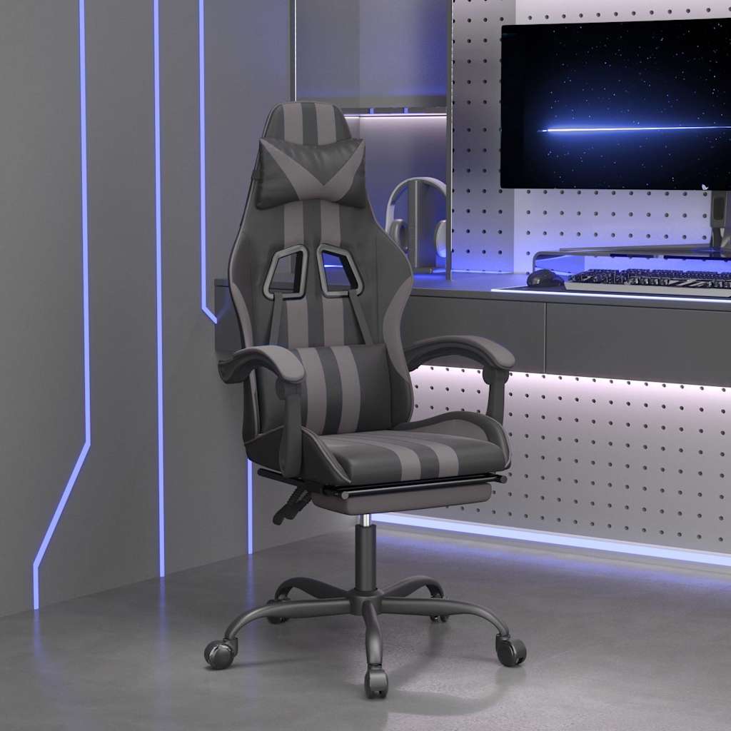 vidaXL Silla gaming con reposapiés cuero sintético negro gris