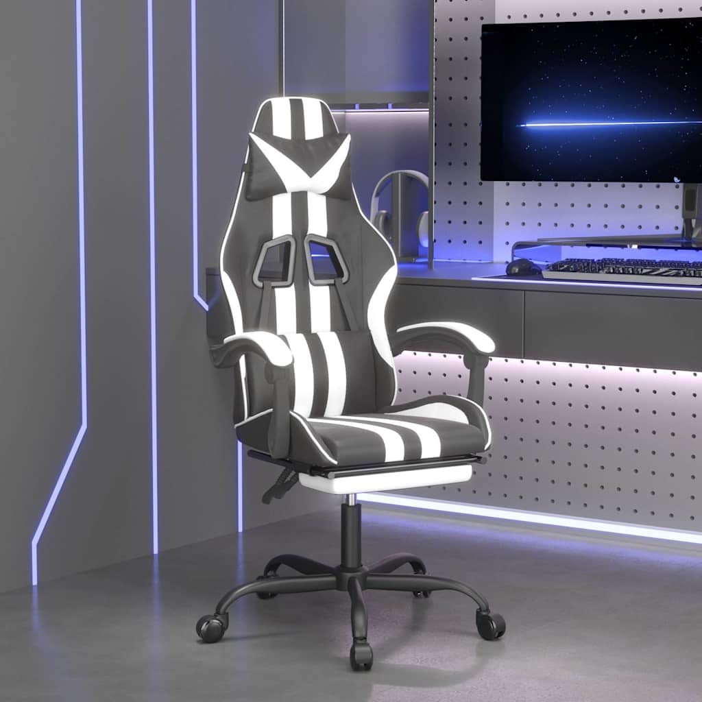 vidaXL Silla gaming con reposapiés cuero sintético negro blanco