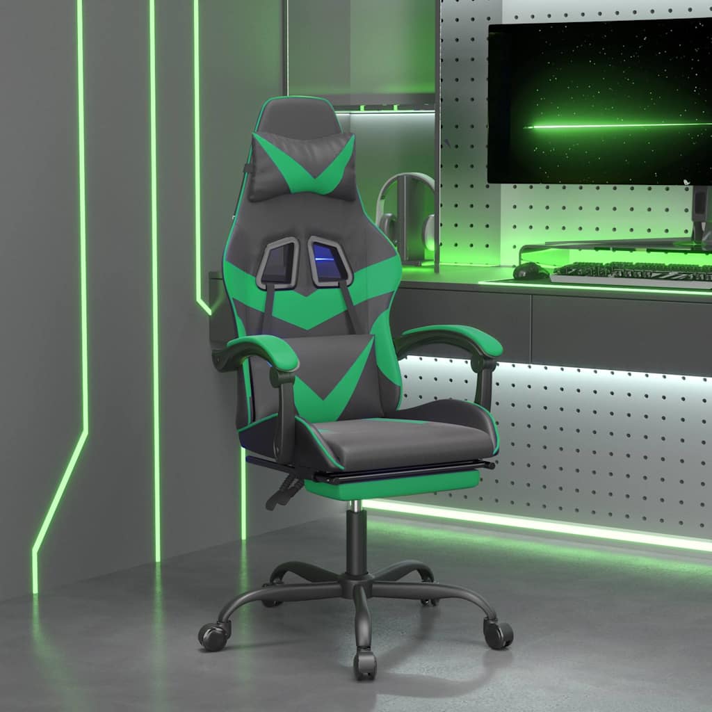 vidaXL Silla gaming con reposapiés cuero sintético negro verde