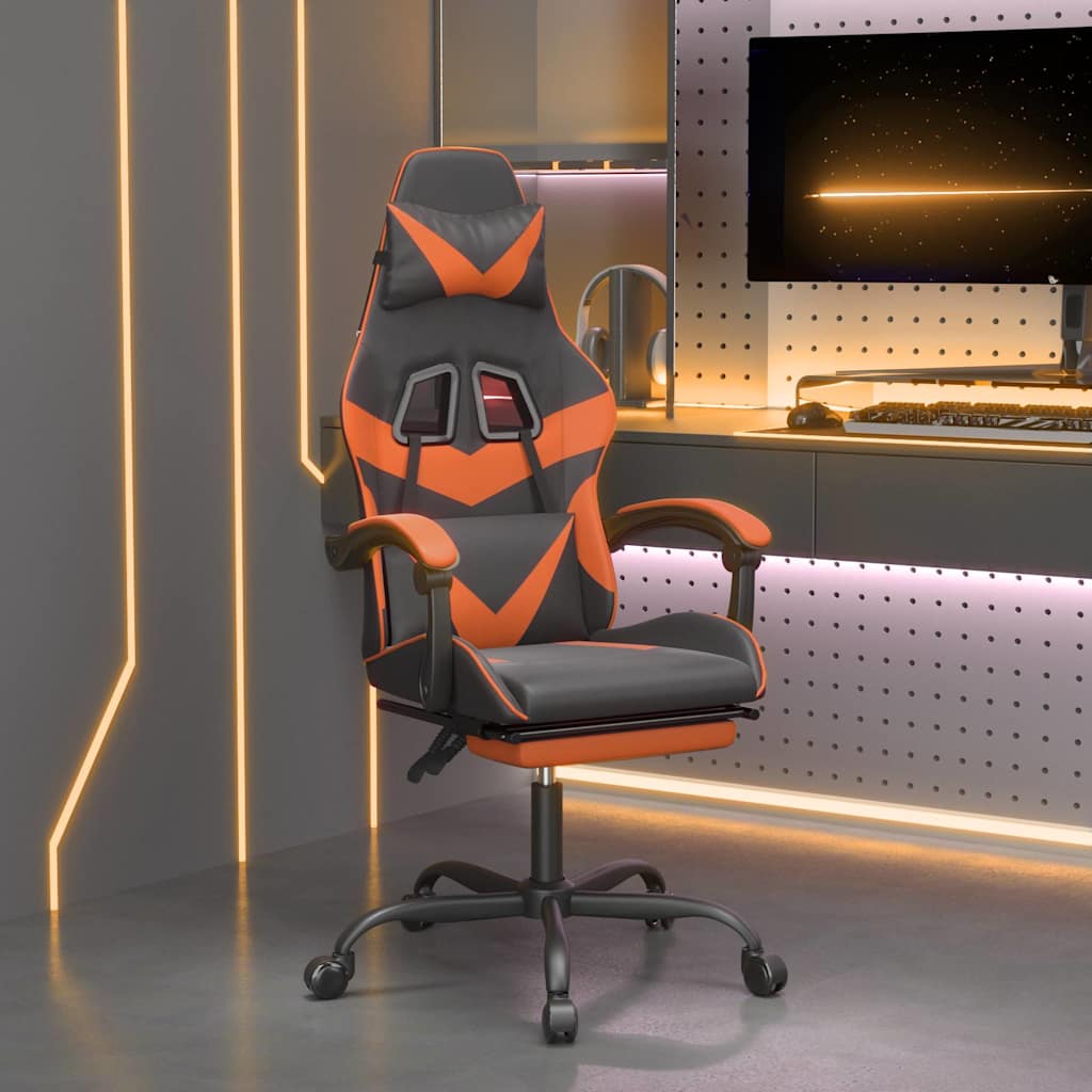 vidaXL Silla gaming con reposapiés cuero sintético negro naranja