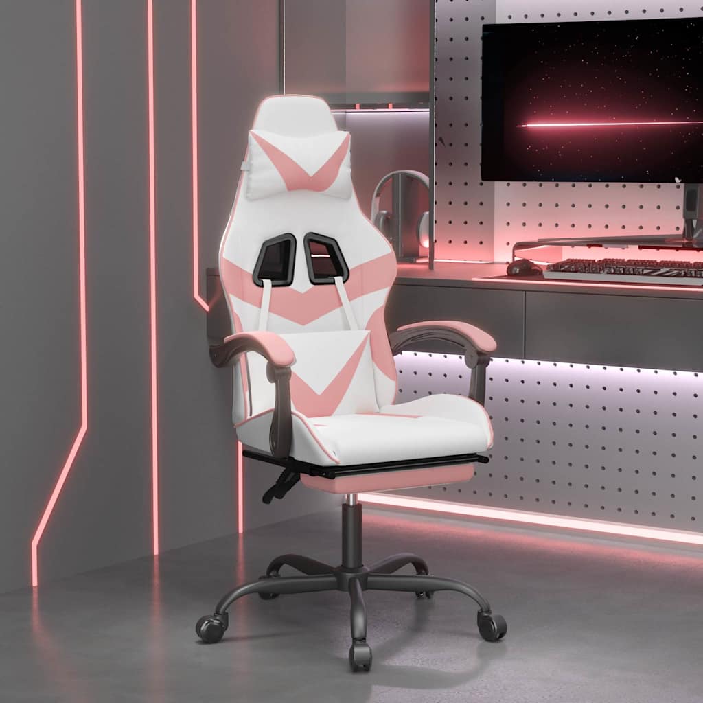 vidaXL Silla gaming con reposapiés cuero sintético blanco y rosa