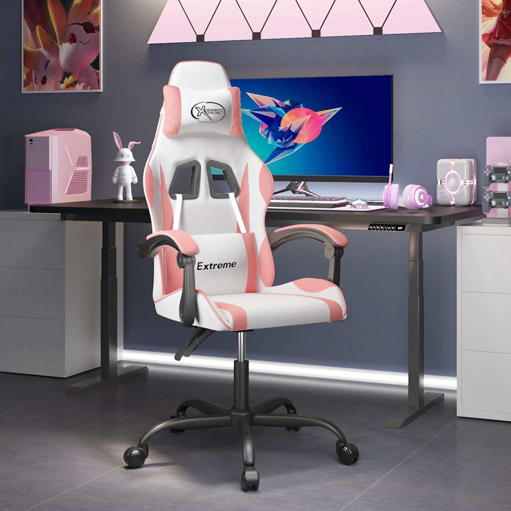 vidaXL Silla gaming cuero sintético blanco y rosa