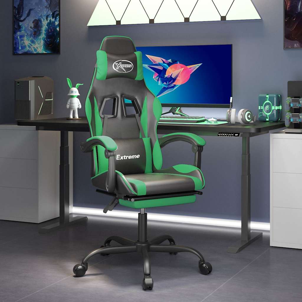 vidaXL Silla gaming con reposapiés cuero sintético negro verde