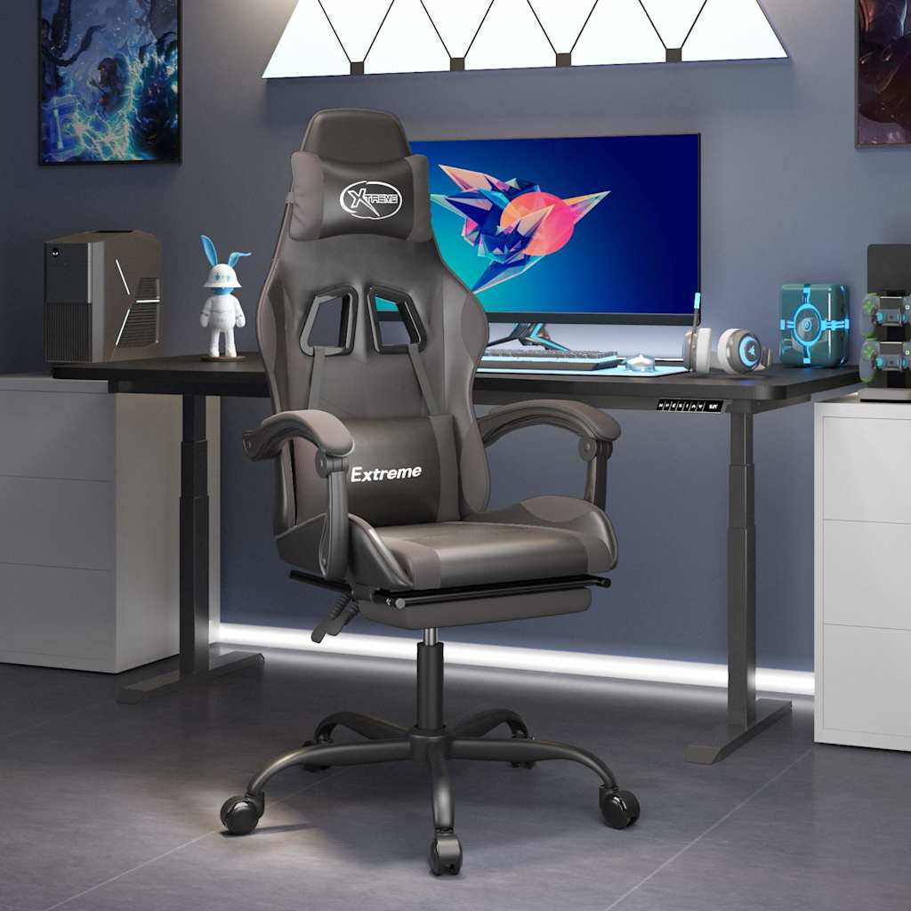 vidaXL Silla gaming con reposapiés cuero sintético negro gris