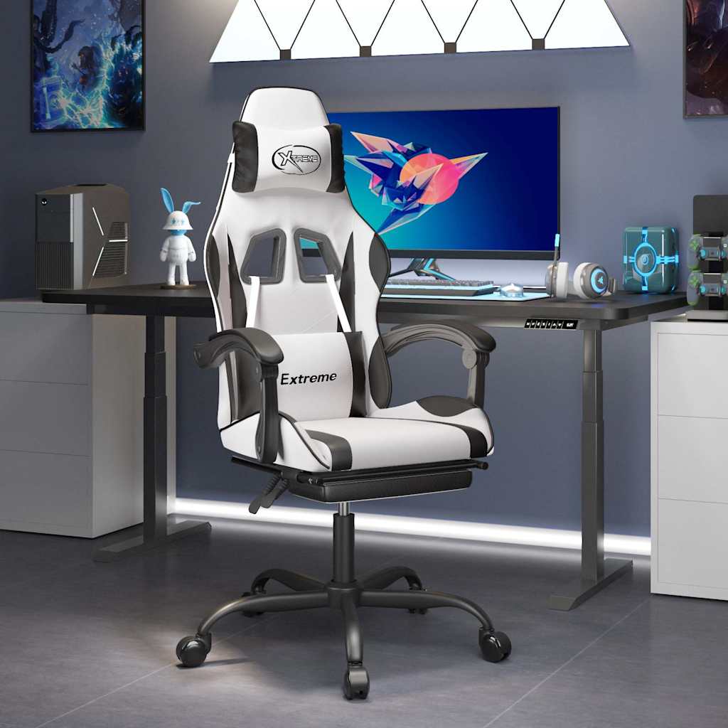 vidaXL Silla gaming con reposapiés cuero sintético blanco negro