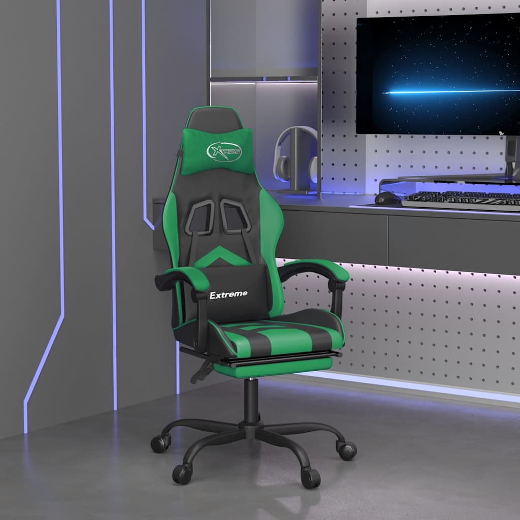 vidaXL Silla gaming con reposapiés cuero sintético negro verde