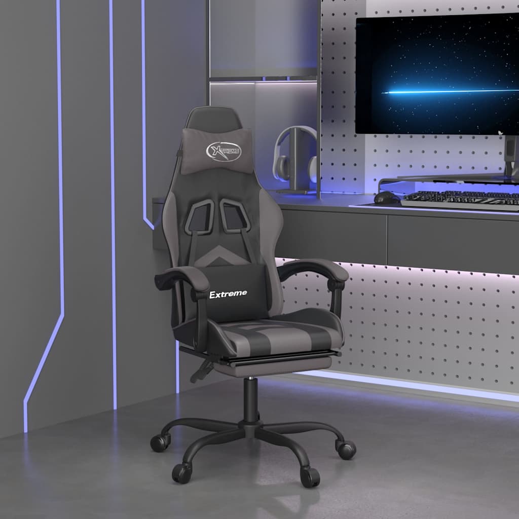 vidaXL Silla gaming con reposapiés cuero sintético negro gris