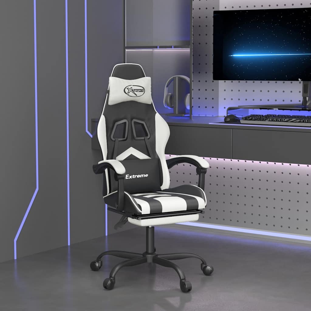 vidaXL Silla gaming con reposapiés cuero sintético negro blanco