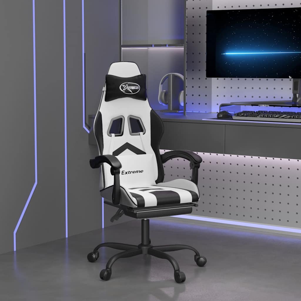 vidaXL Silla gaming con reposapiés cuero sintético blanco negro