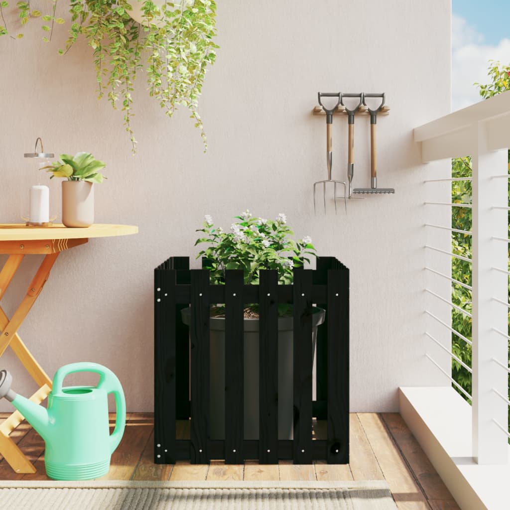 vidaXL Jardinera diseño de valla madera maciza pino negra 60x60x60 cm