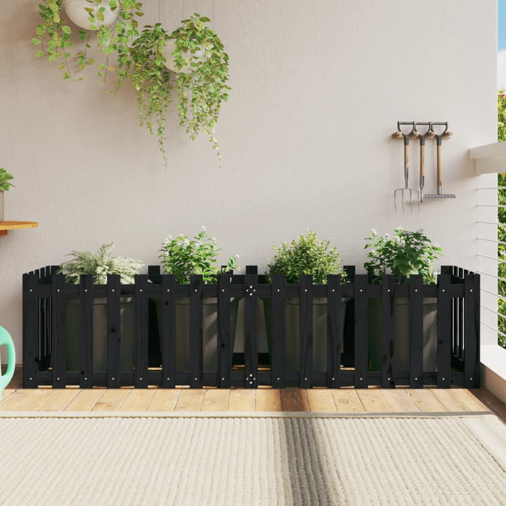 vidaXL Arriate elevado jardín con valla madera pino negro 200x50x50cm