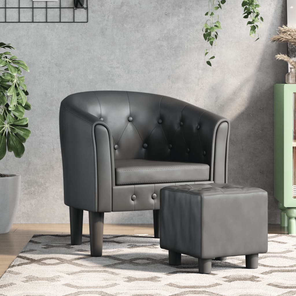 vidaXL Sillón con taburete cuero sintético gris
