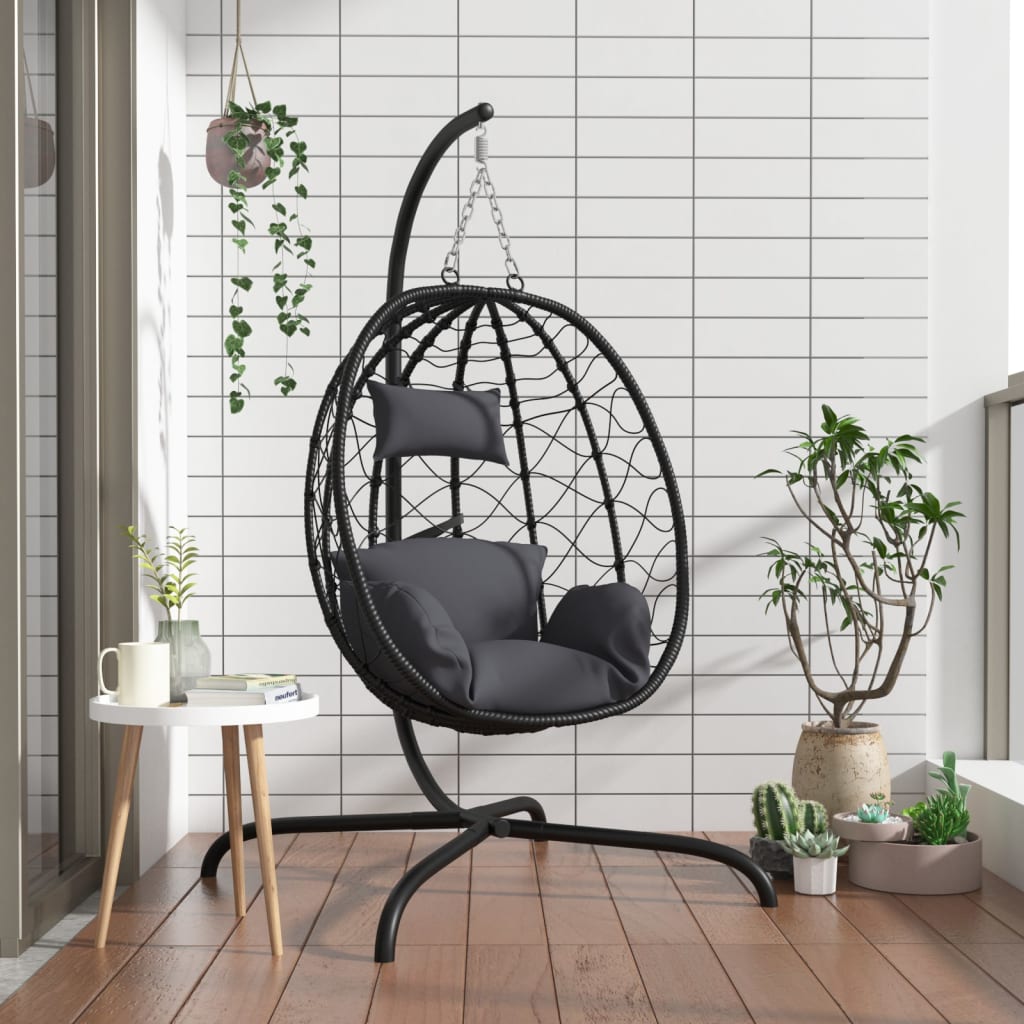 vidaXL Sillón colgante con forma de huevo y cojín antracita de ratán sintético y acero