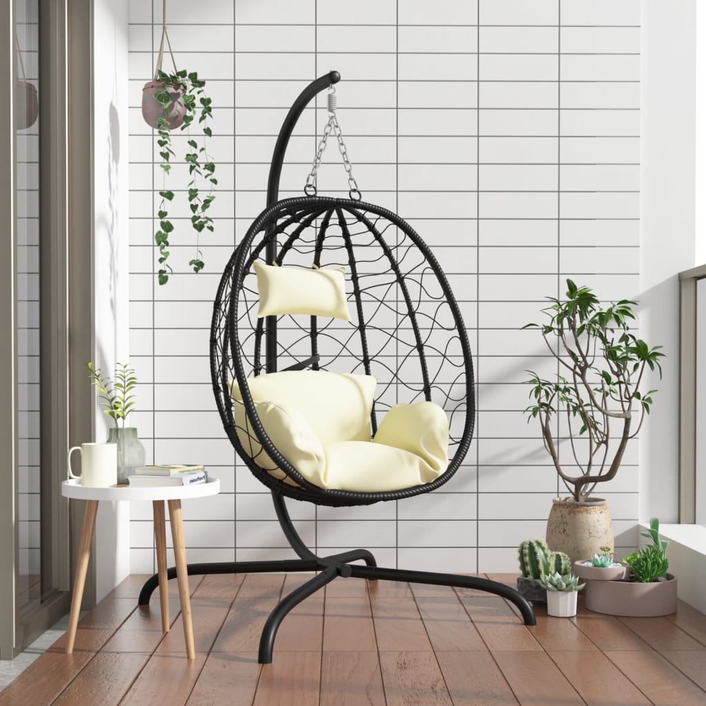 vidaXL Sillón colgante con forma de huevo y cojín de ratán sintético y acero color blanco crema