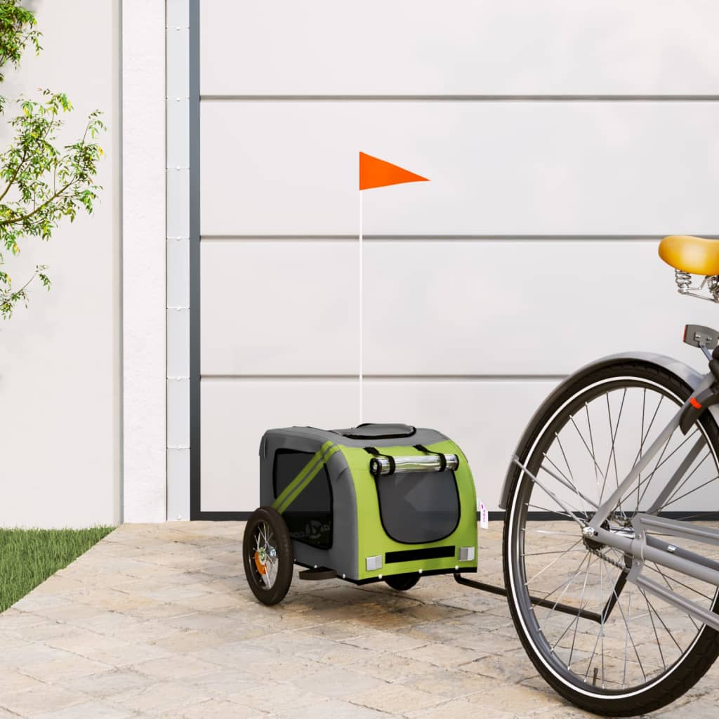 vidaXL Remolque de bicicleta mascotas hierro tela Oxford verde gris