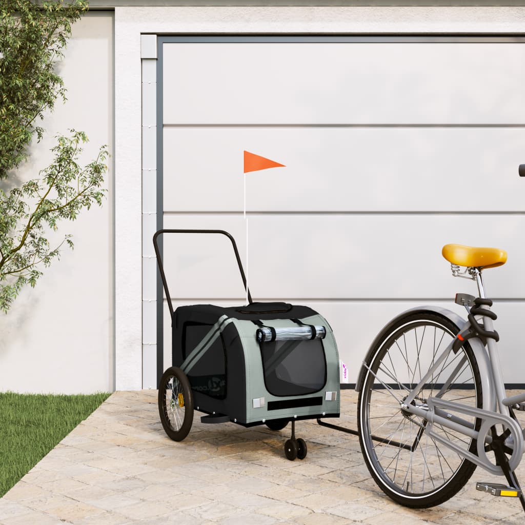 vidaXL Remolque de bicicleta mascotas hierro tela Oxford gris negro