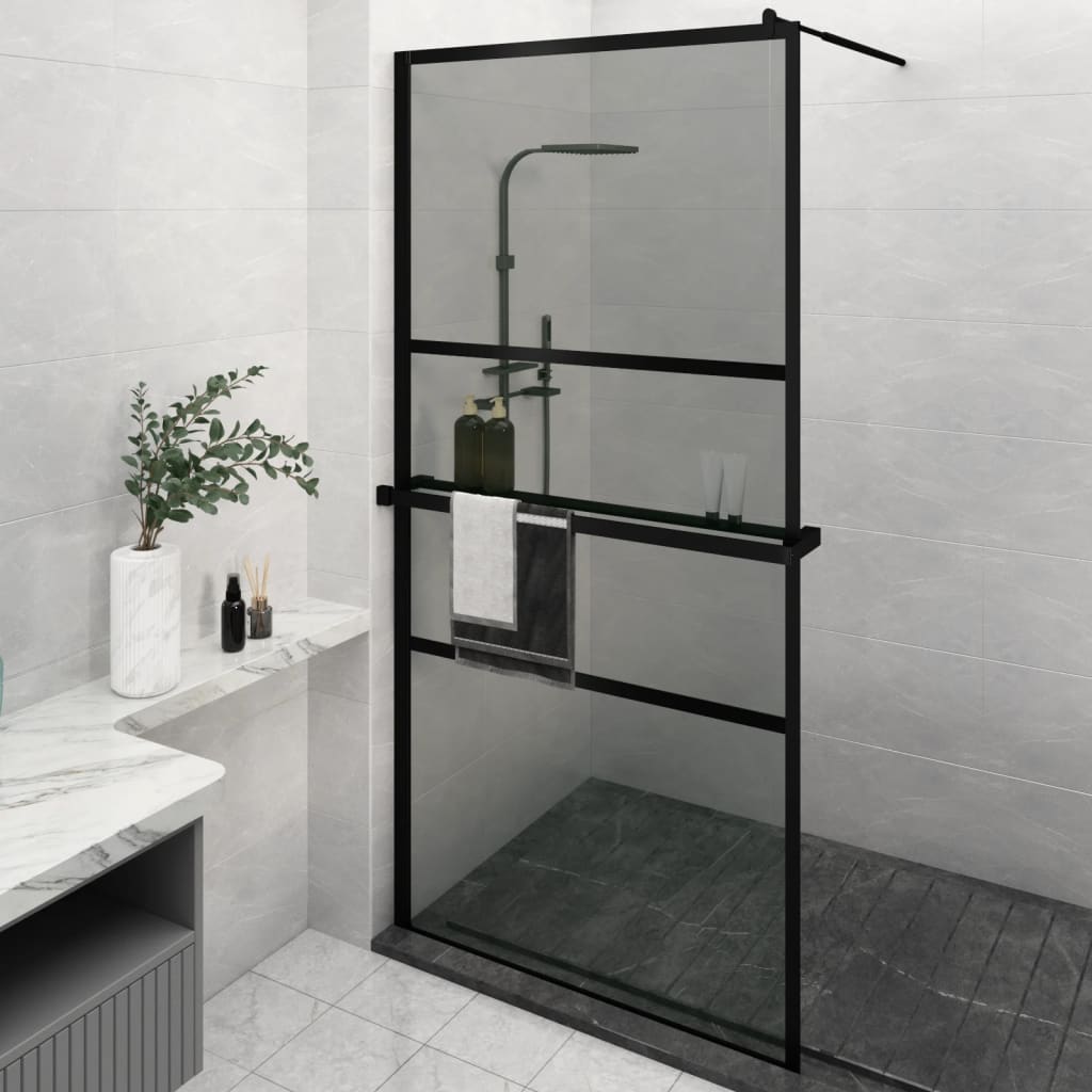 vidaXL Mampara ducha con estante vidrio ESG y aluminio negro 115x195cm