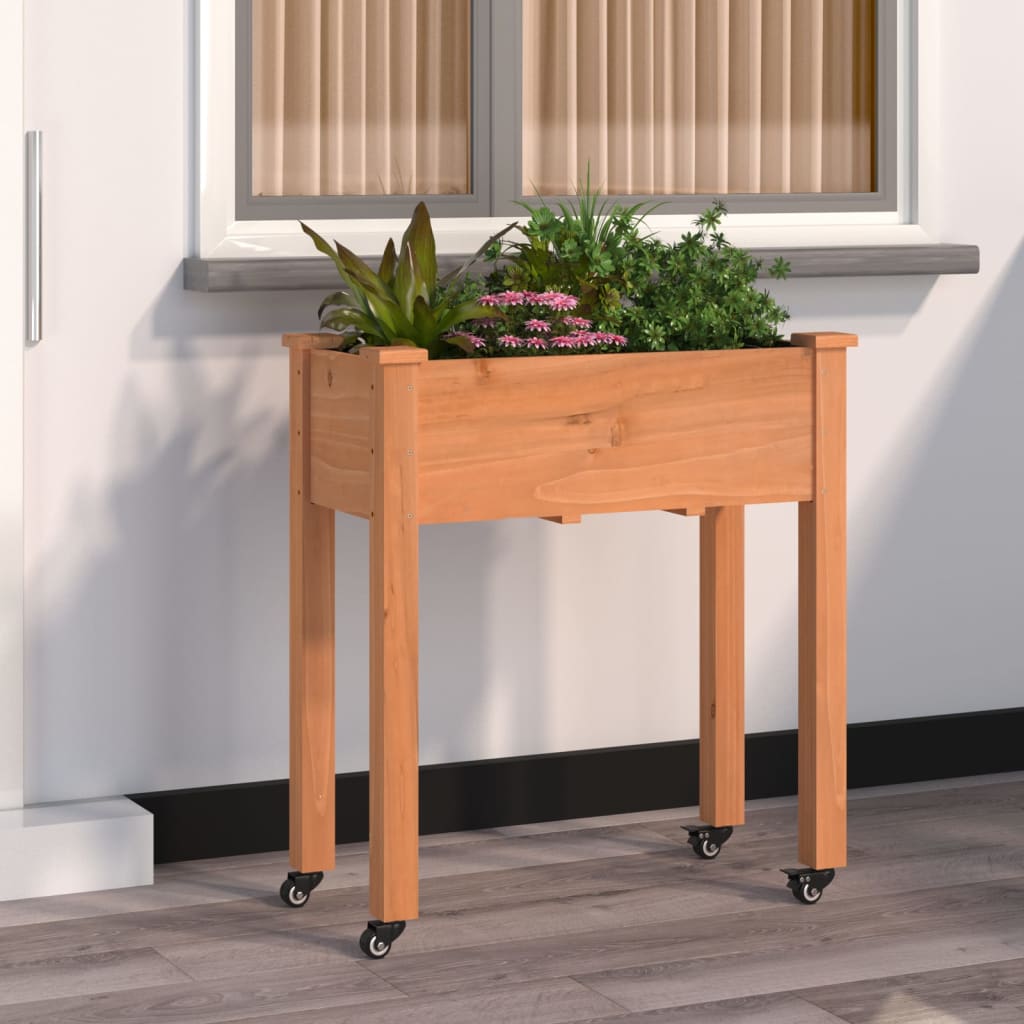 vidaXL Jardinera con forro y ruedas madera de abeto marrón 71x37x80 cm