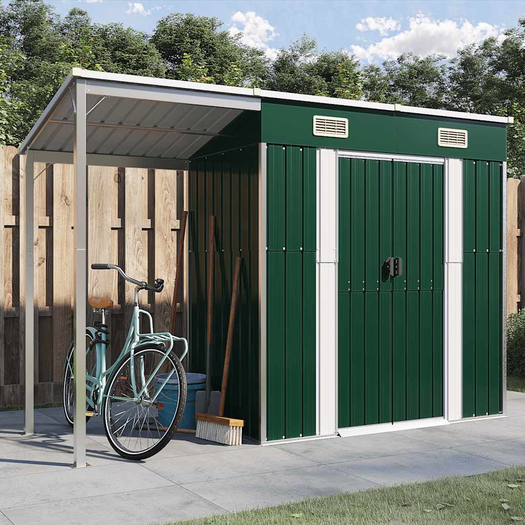 vidaXL Cobertizo jardín tejado alargado acero verde 277x107x181 cm