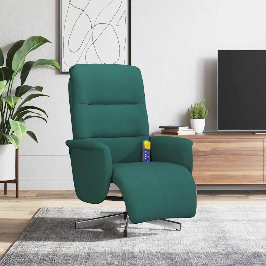 vidaXL Sillón reclinable de masaje con reposapiés tela verde oscuro