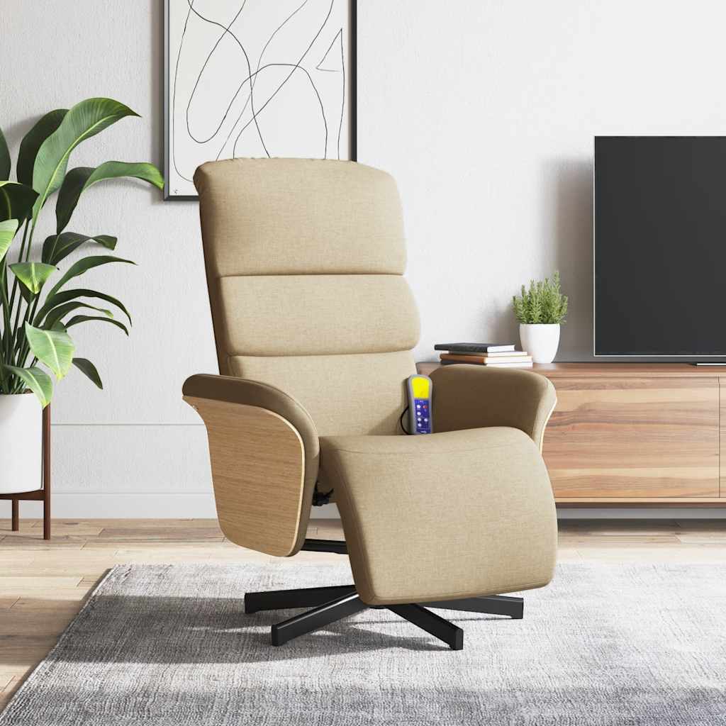 vidaXL Sillón reclinable de masaje con reposapiés tela color crema