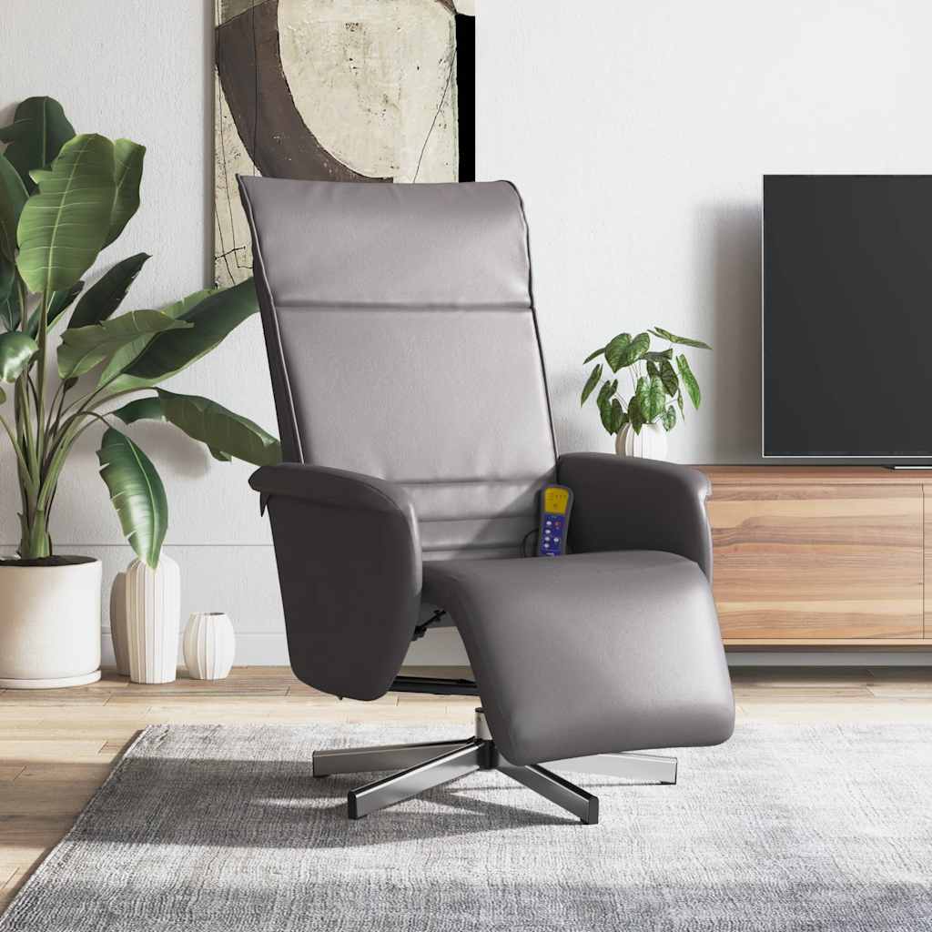 vidaXL Sillón reclinable de masaje con reposapiés cuero sintético gris