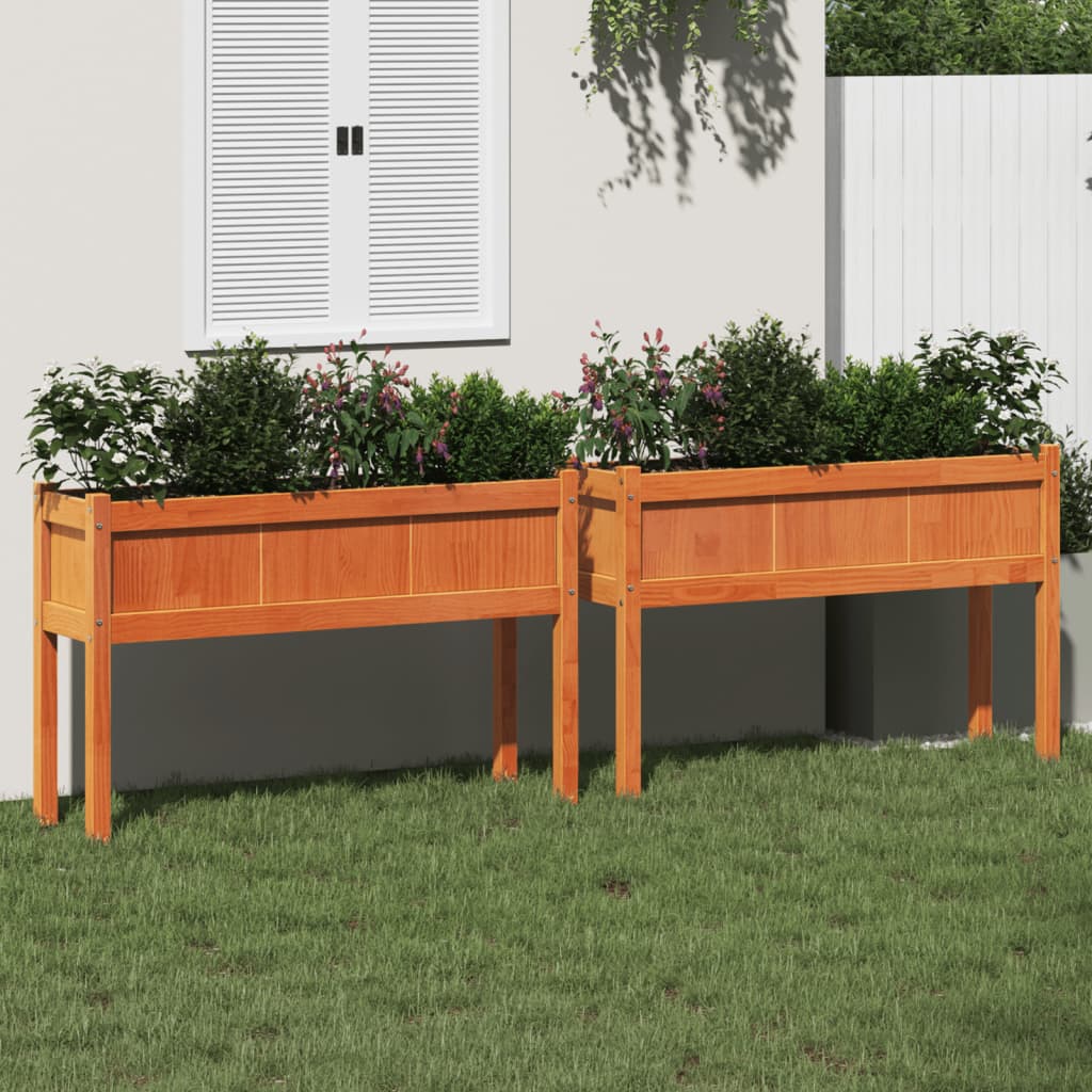 vidaXL Jardineras con patas 2 uds madera maciza de pino marrón cera