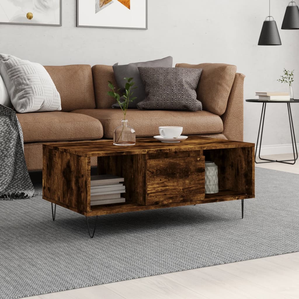 vidaXL Mesa de centro madera contrachapada roble ahumado 90x50x36,5 cm