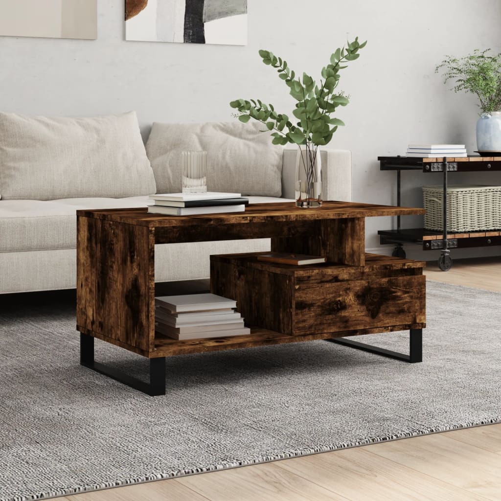 vidaXL Mesa de centro madera contrachapada roble ahumado 90x49x45 cm