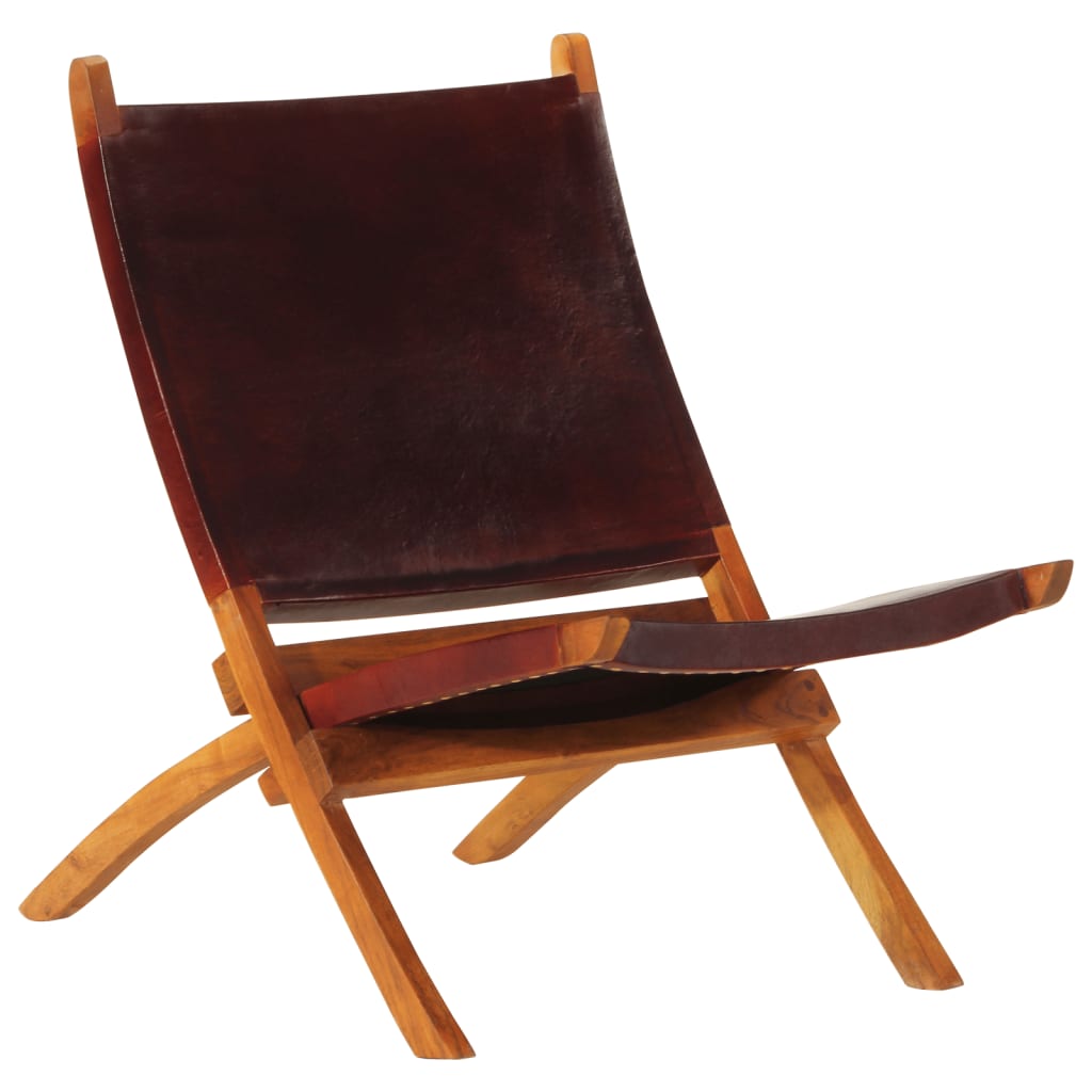 vidaXL Silla plegable de cuero auténtico marrón oscuro.