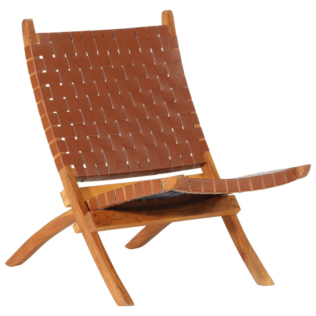 vidaXL Silla plegable de cuero auténtico marrón.