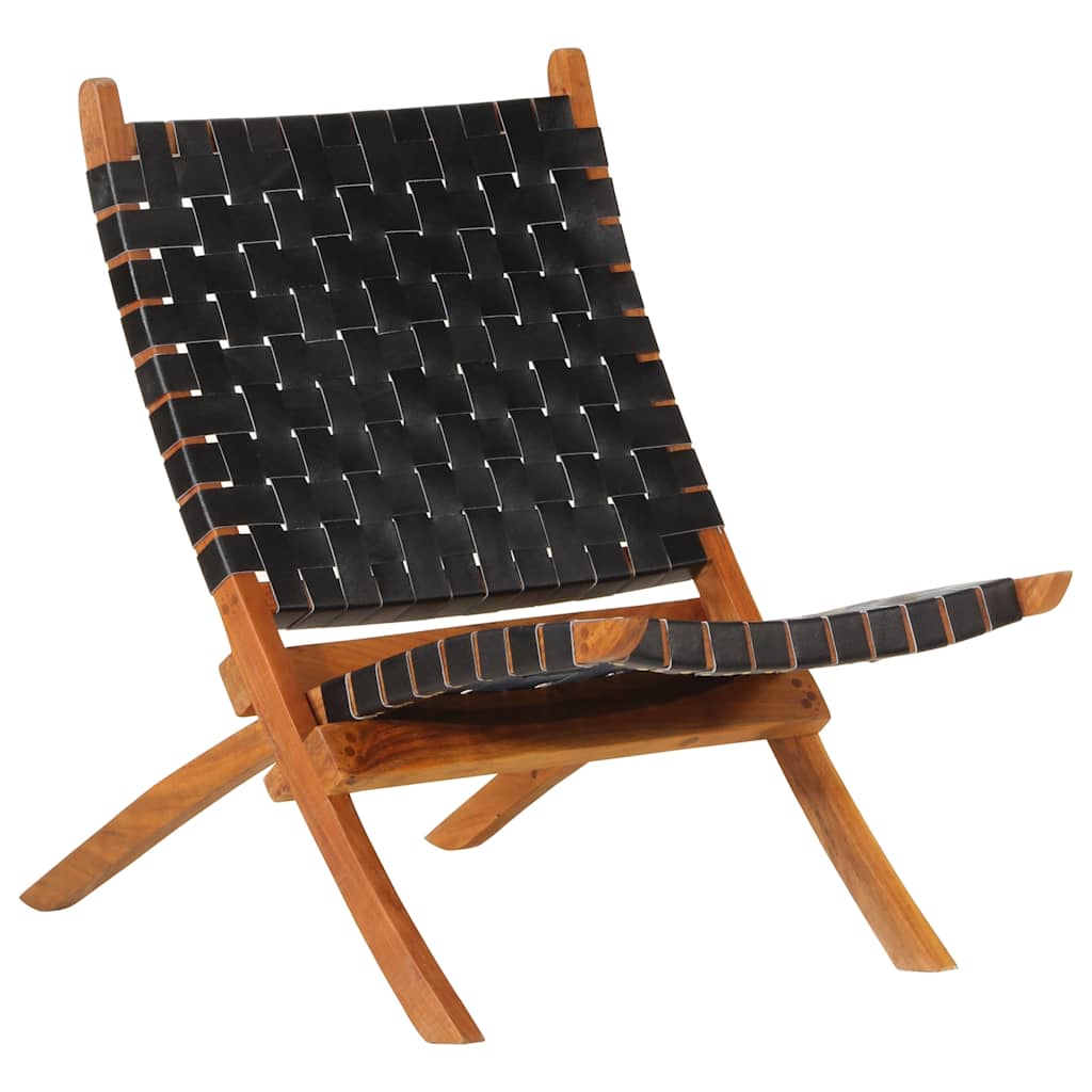 vidaXL Silla plegable de cuero auténtico negro