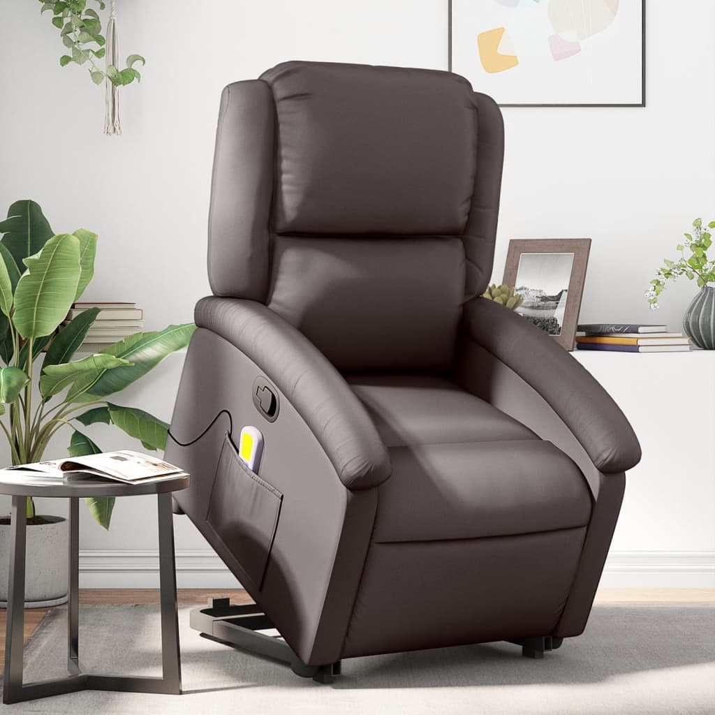 vidaXL Sillón reclinable masaje elevable cuero auténtico marrón oscuro