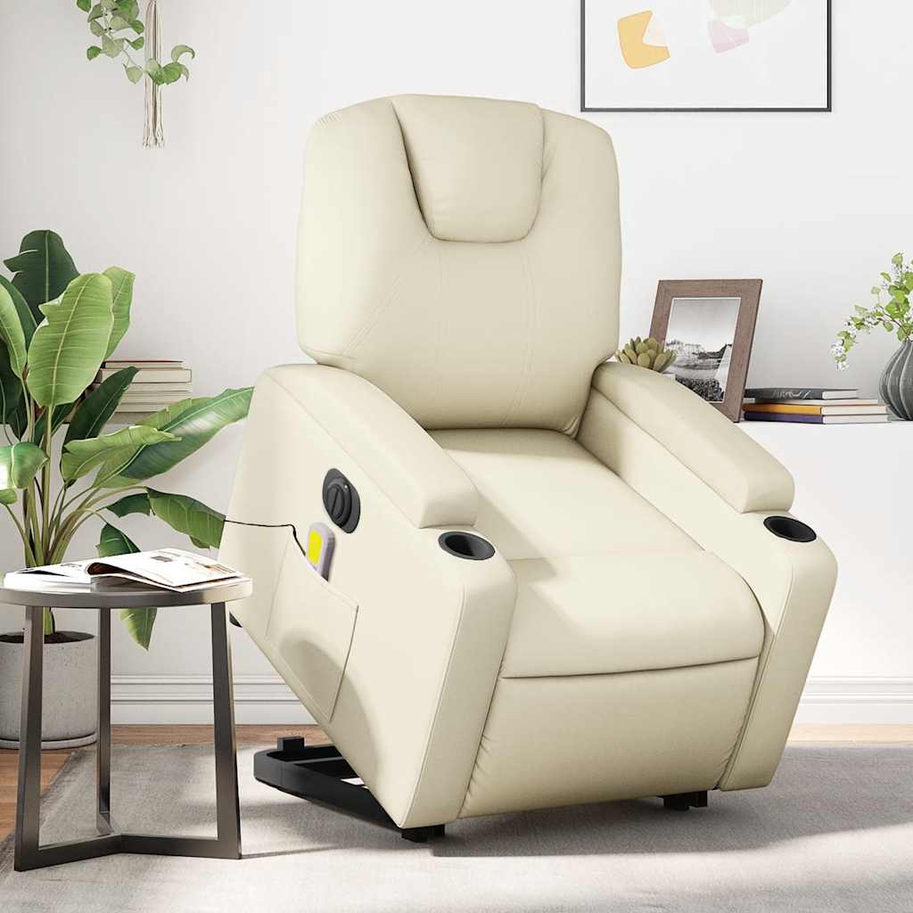 vidaXL Sillón de masaje elevable eléctrico cuero sintético crema