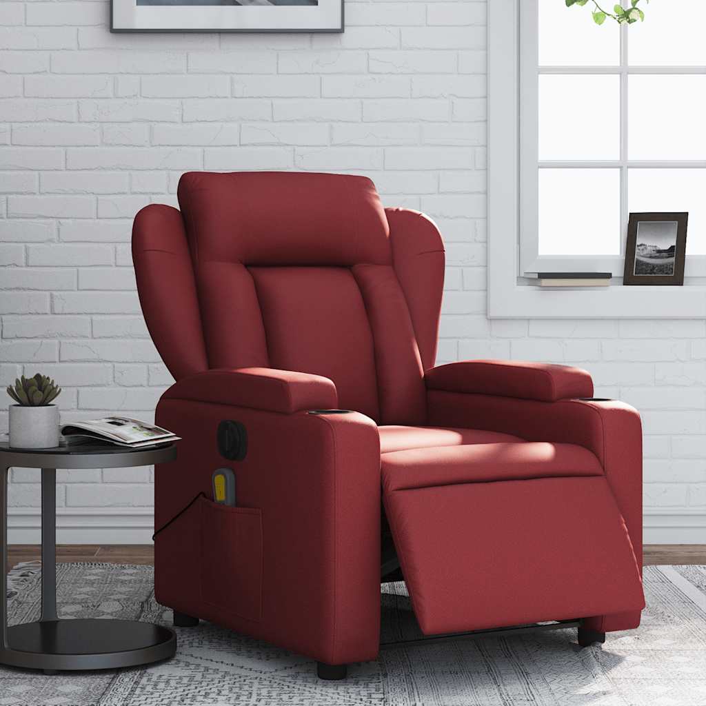 vidaXL Sillón de masaje reclinable de cuero artificial rojo tinto