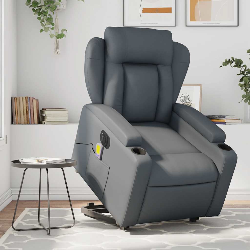 vidaXL Sillón de masaje elevable eléctrico cuero sintético gris