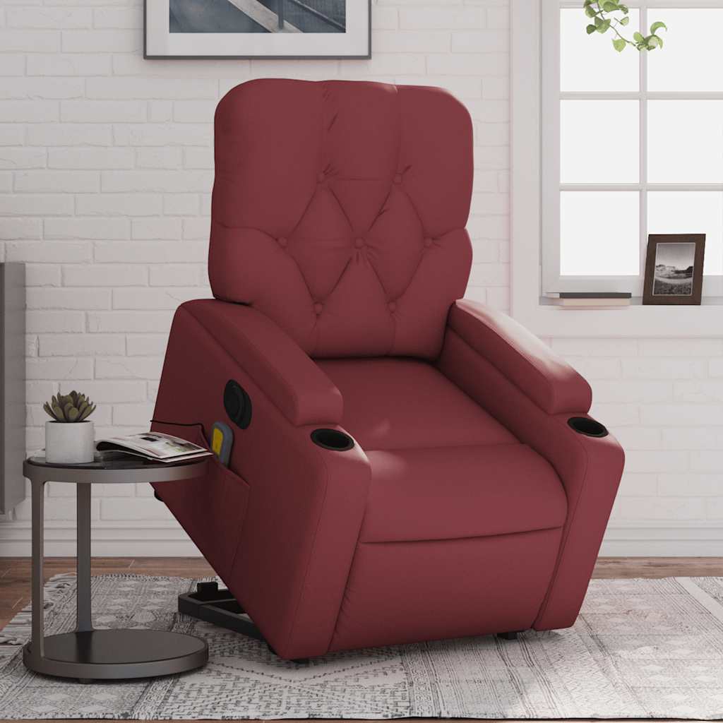vidaXL Sillón de masaje elevable eléctrico cuero artificial rojo tinto