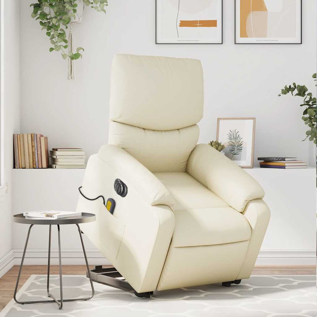 vidaXL Sillón de masaje elevable eléctrico cuero sintético crema