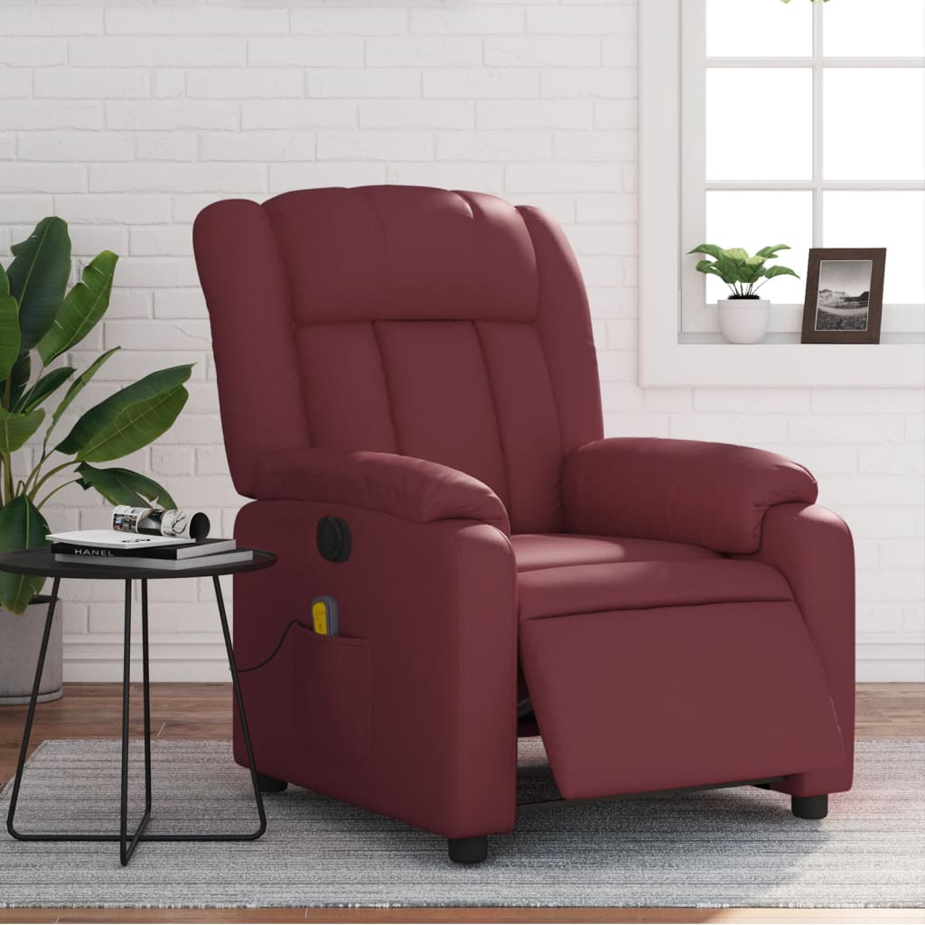 vidaXL Sillón masaje reclinable eléctrico cuero sintético rojo tinto