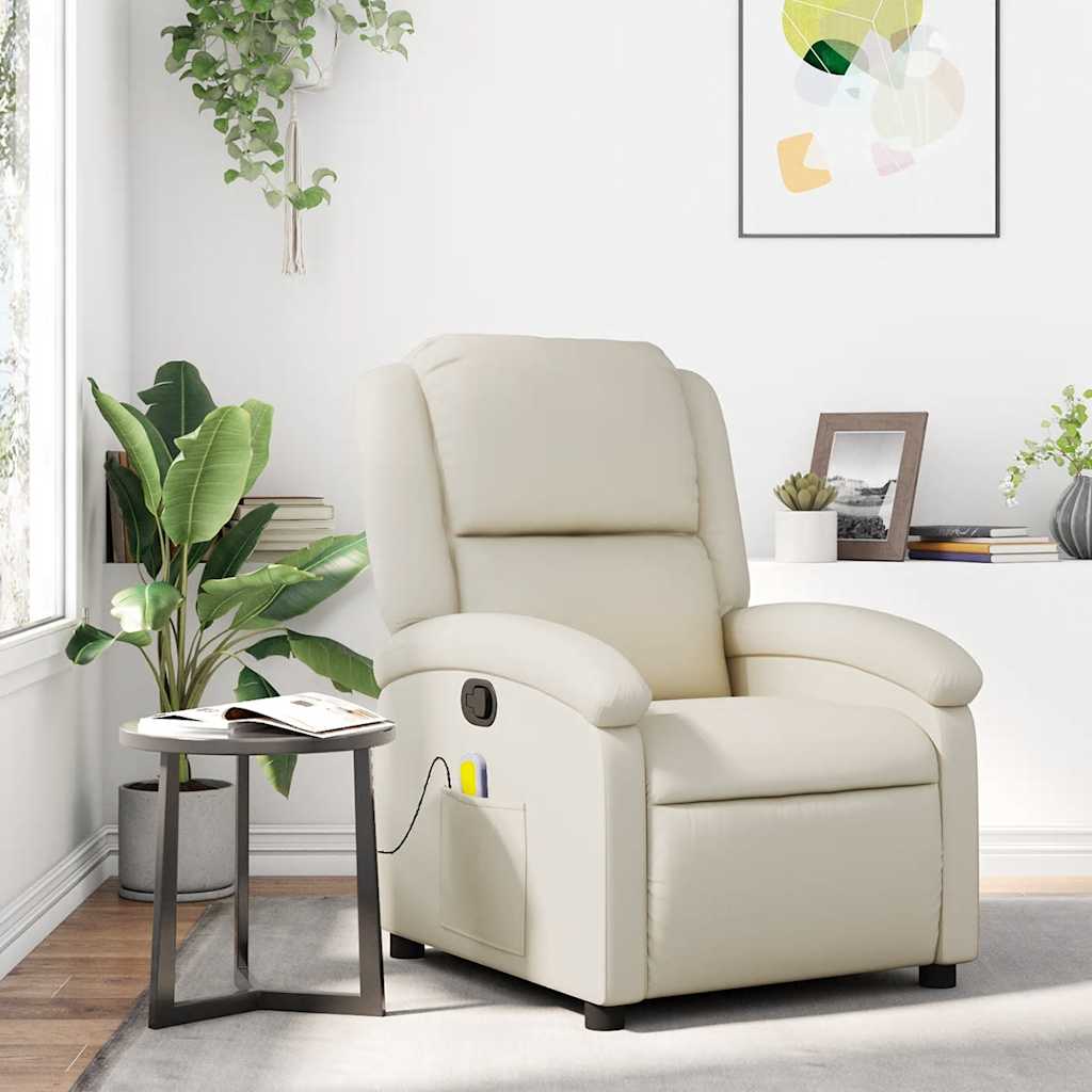 vidaXL Sillón reclinable de masaje de piel sintética color crema