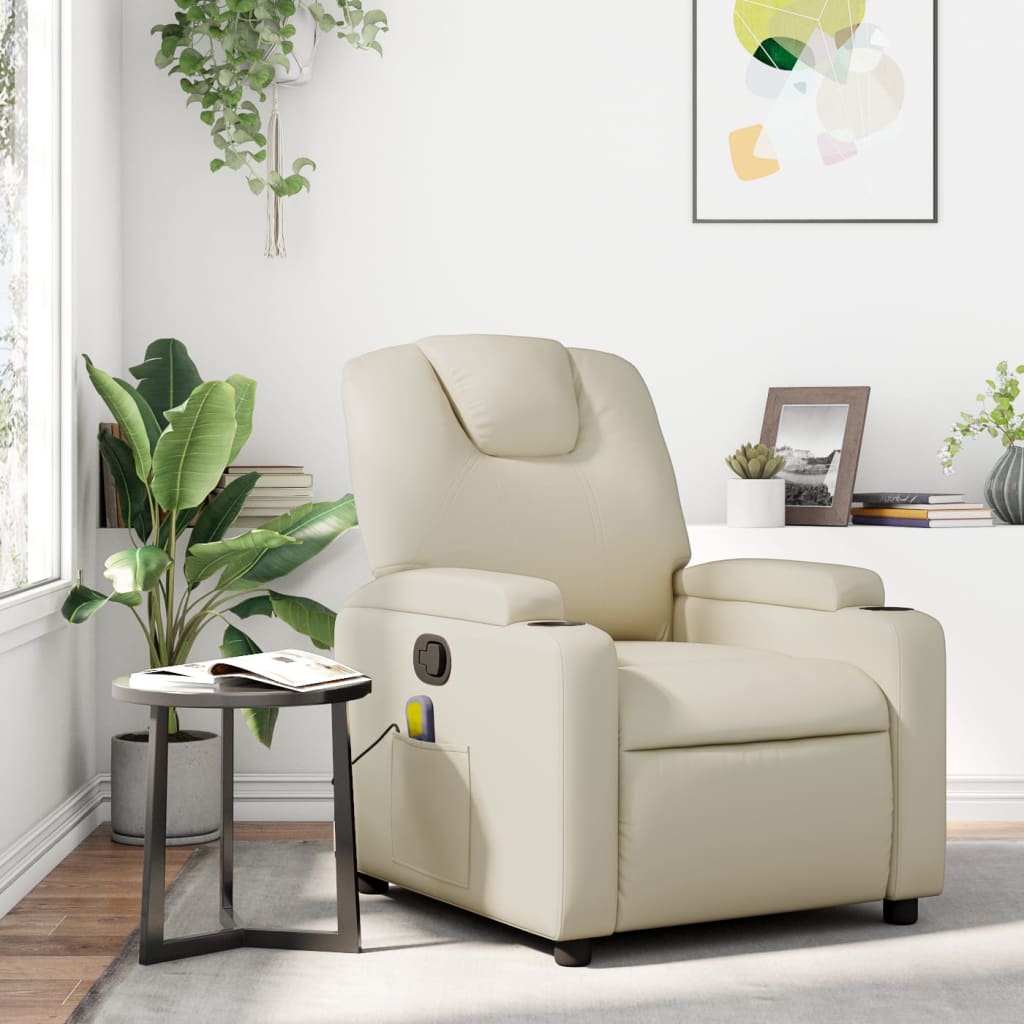 vidaXL Sillón reclinable de masaje de piel sintética color crema