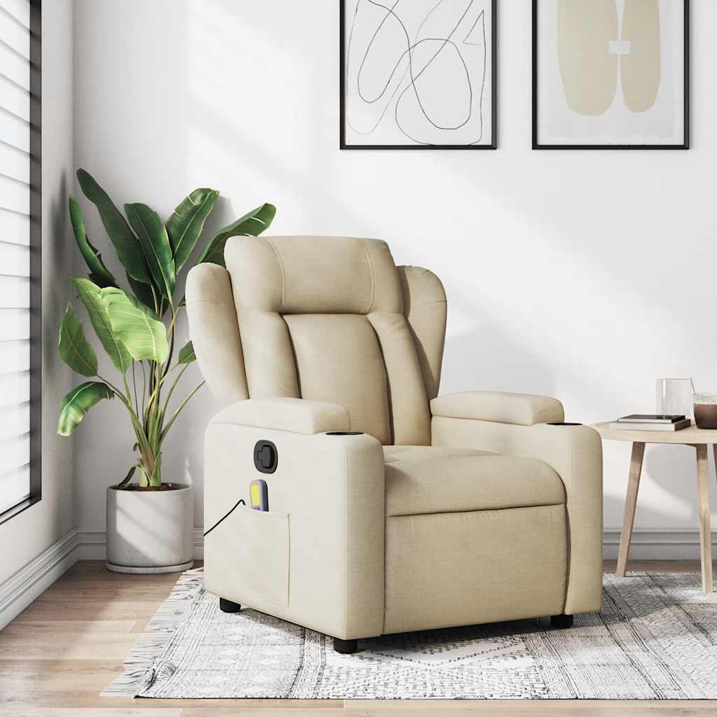 vidaXL Sillón reclinable de masaje tapizado en tela color crema